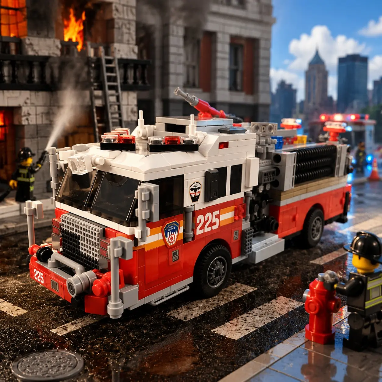 American Fire Truck Building Blocks Set, Building Sets, Rescue Car Assembly Model, Moving Function, Rotating Water Gun, Durable and Stable Design, Creative Decoration, Ideal Birthday Gift for Kids, Diy Building Model