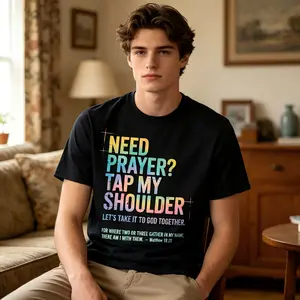 Men's Christian Faith Soft Short-Sleeve Crew Neck T-Shirt - Top with Need Prayer Tap My Shoulder Matthew 18-19-20 Bible Verse, Colorful Inspirational Design, Comfortable Fabric, Easter Casual Street Style Prayer Hand Tee