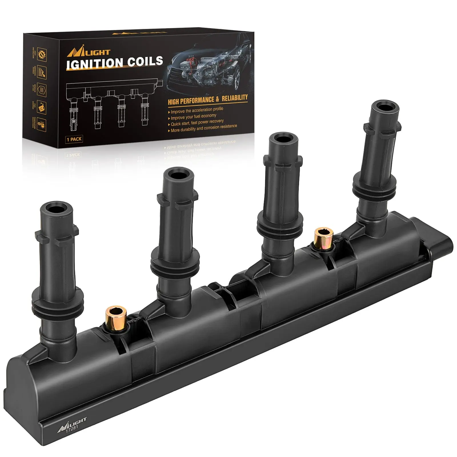 Nilight 8 High-Quality Ignition Coil Pack UF669 with Copper Wire for Durability & Check Engine Light Protection, Fit for Chevy Cruze Sonic Trax Volt Cadillac ELR Buick Encore 2011-2018 1.4L (D521C,55577898,55579072,25198623), 8 High-Quality Ignition Coils