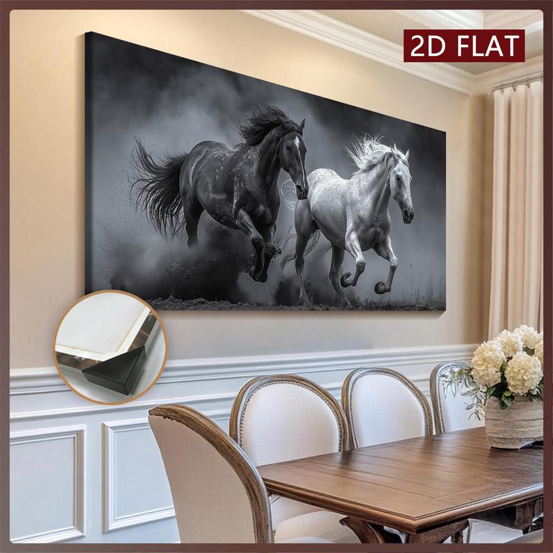 2D Flat Single Piece Wooden Frame Canvas Painting, Depicting a Black and White Horse Running in the Dust.This Exquisite Poster Can Be Used as Home Decoration and Wall Art, Suitable for Living Room, Bedroom, Office, Dining Room
