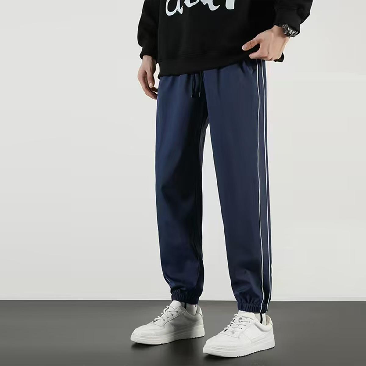 Men's Ice Silk Striped Joggers, Summer Casual Loose Fit Elastic Waist Drawstring Sweatpants, Breathable Lightweight Daily Wear Pants for Walking, Vacation, Gym, Men's 2026 New Arrival Fashion Trousers