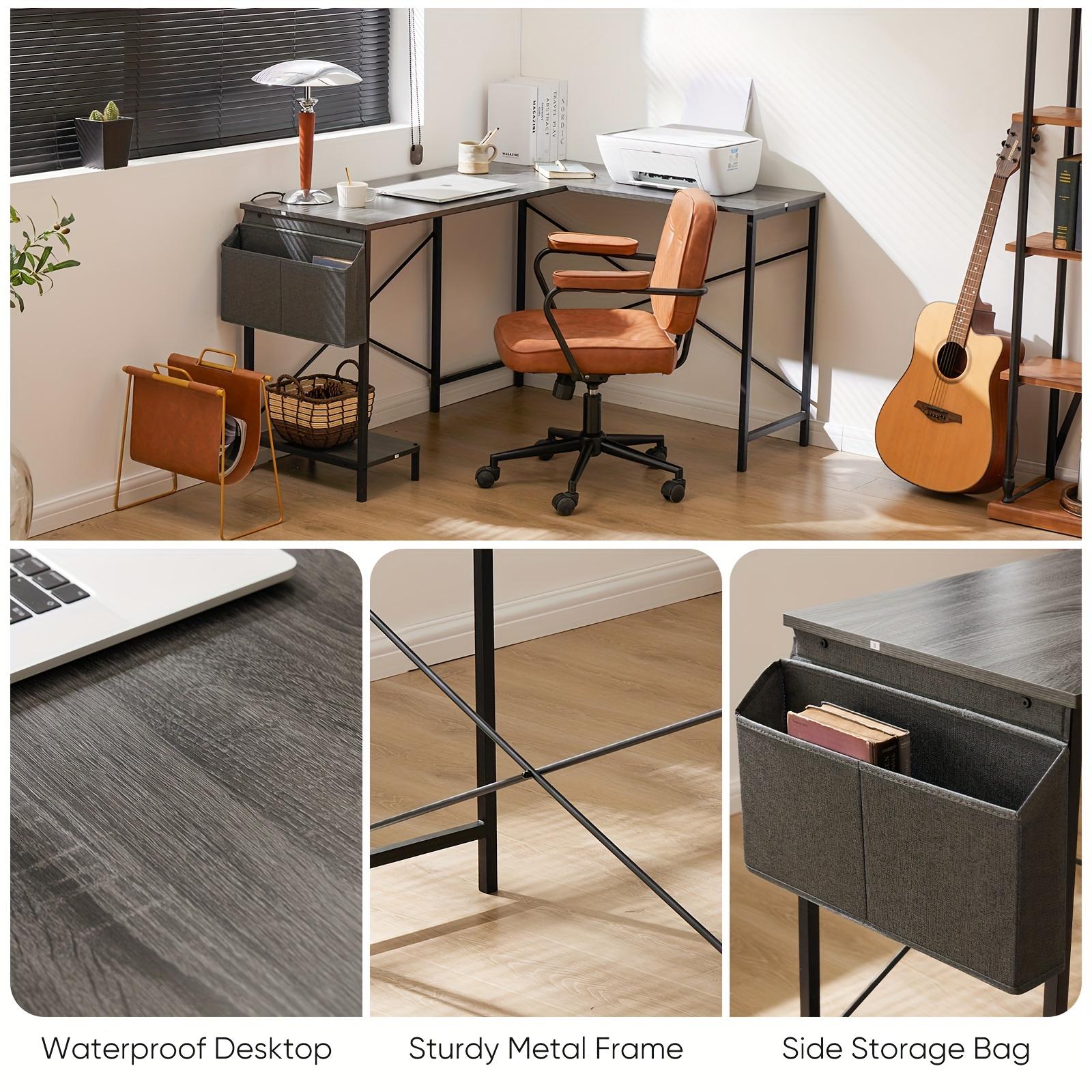 Modern Hardwood Reversible L-Shaped Corner Standing Desk with Storage Bag - Spacious Metal Frame Computer Table for Bedroom, Study & Small Spaces