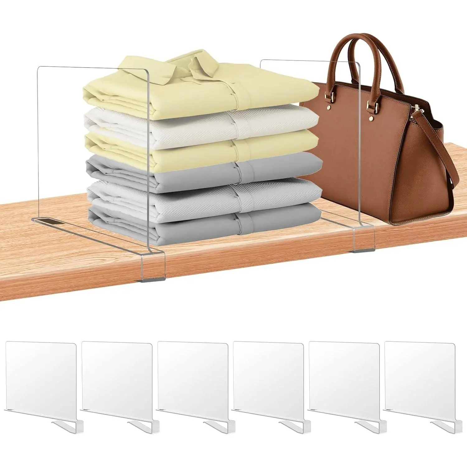 6 Pack Clear Acrylic Shelf Dividers for Closet Organization, Purse Organizers, Clothing Dividers, Handbag Organizers for Shelves in Bedroom and Office