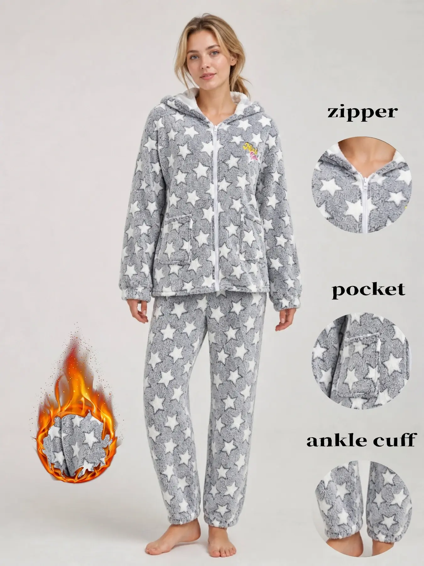 Autumn Winter Retro Star Print Pajama Loungewear Set for Women, Hooded Long Sleeve with Pockets, Warm Fuzzy Two-Piece, Cozy Home Wear Nightwear