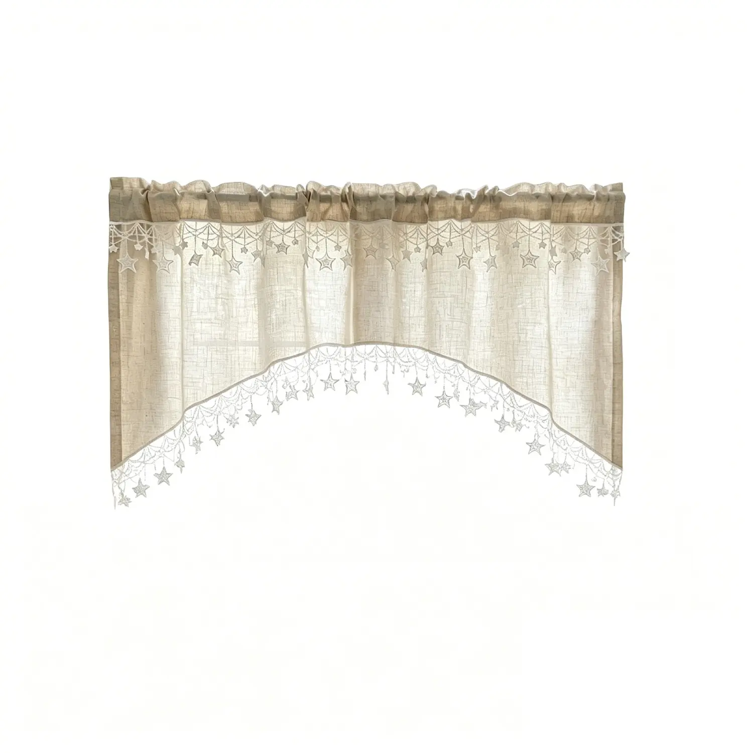 1 Panel Vintage Country Style Linen Kitchen Curtain, Star Decor Half Curtain Swag , Semi-Transparent Arc Multi-Layer Design, Rod Pocket Installation, Star Window Curtain