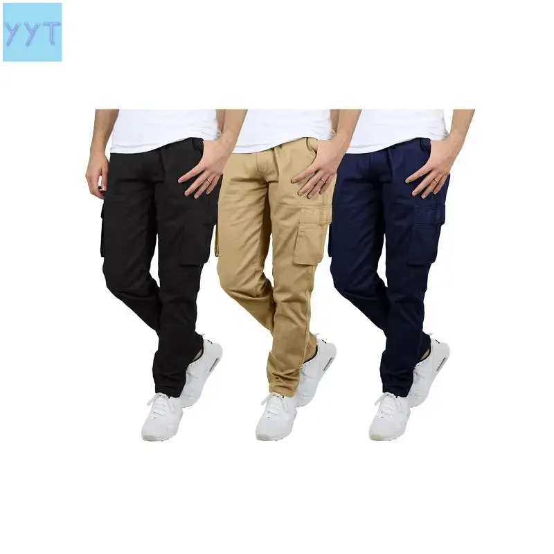 YYT1 Men's 3-Pack Fitted Cut Cargo Joggers, Plain Stretch Cotton Blend, All-Season Comfort Fit, Multiple Pockets, Machine Washable for Outdoor Sports