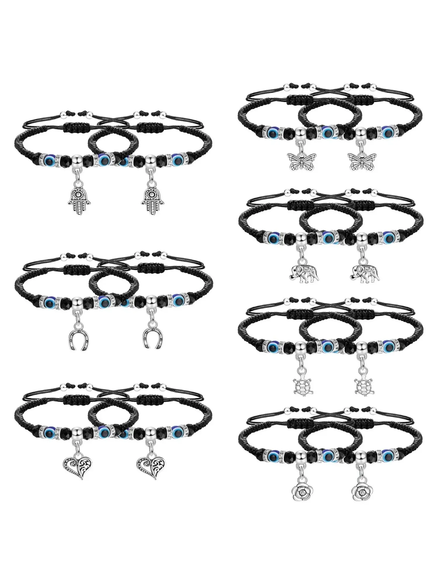 14 Pcs Evil Eye Braided Bracelets for Women Men Couple Adjustable Black Woven Rope Bracelets with Evil Eye Beads Assorted Alloy Charms Hamsa Hand Butterfly Elephant Horseshoe Turtle Hollow Heart Rose Pendants Boho Lucky Protection Amulet Jewelry