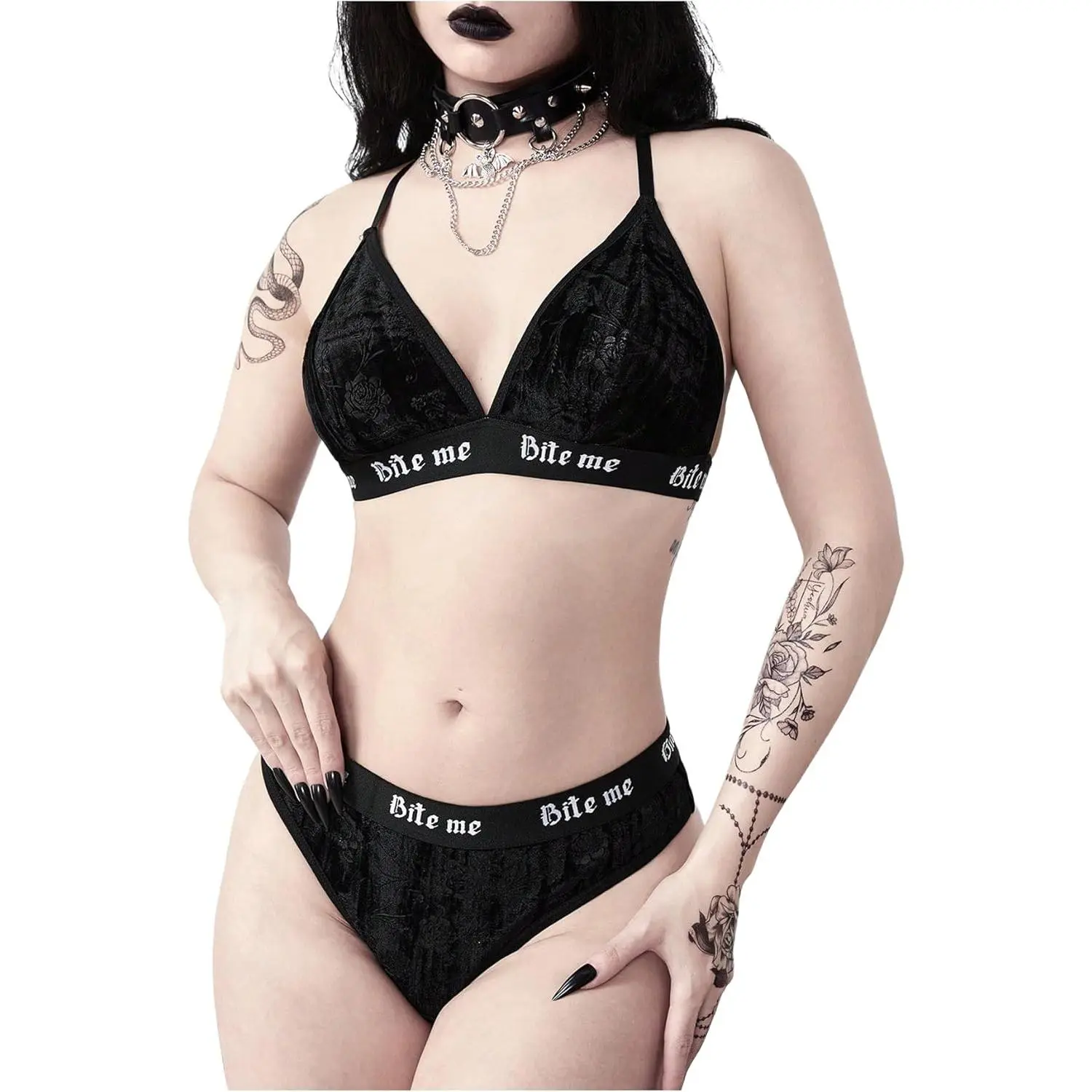 Women's 2 Piece Lingerie Sets Goth Velvet Floral Wireless Bra and Panty Underwear Set