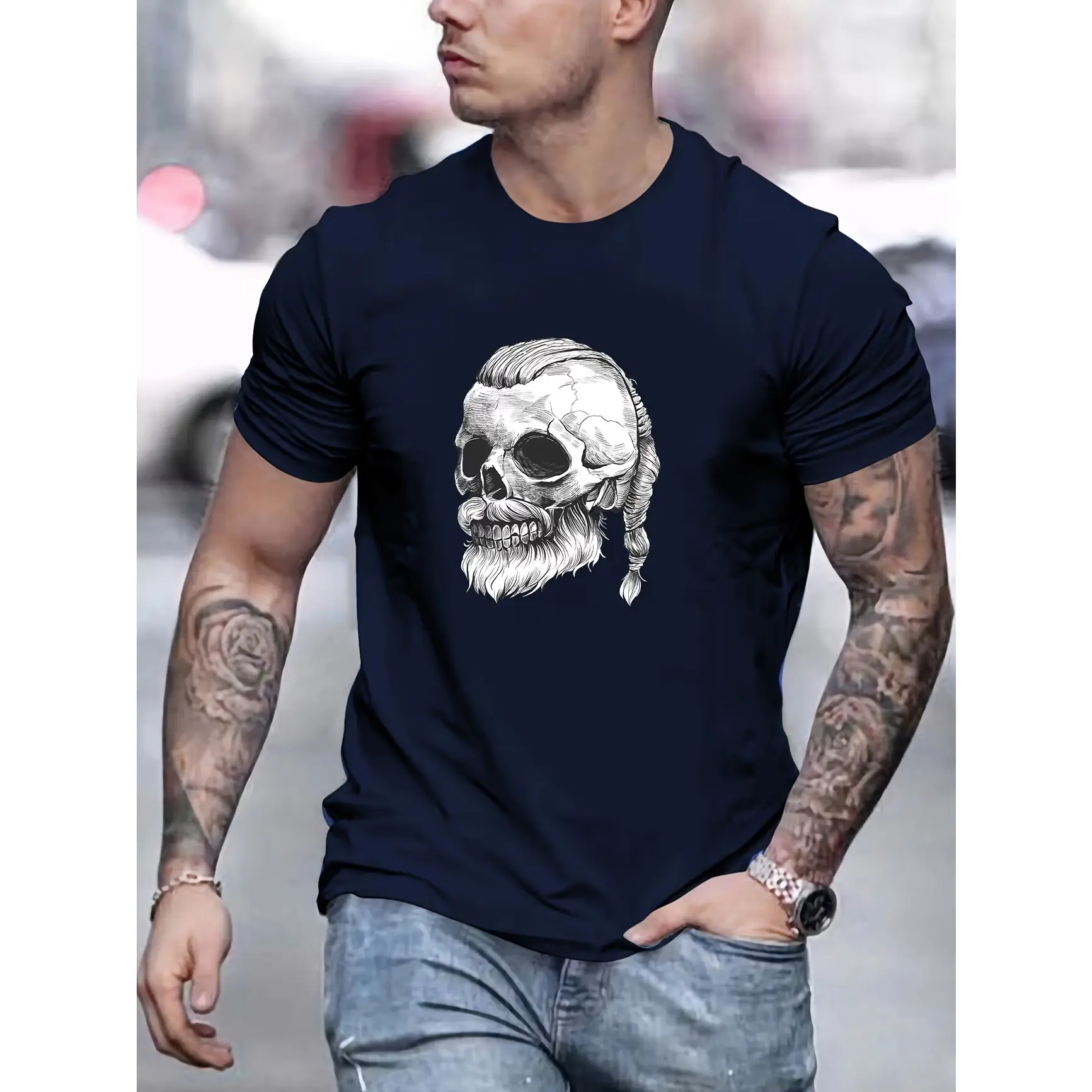 Viking Bearded Skull Graphic Oversized Cotton T-Shirt, Fashion Comfort Outfit, Vintage Skull Tee,SummerVibes, Valentine Gift For Him Her, Best Holiday Present For Family Friends