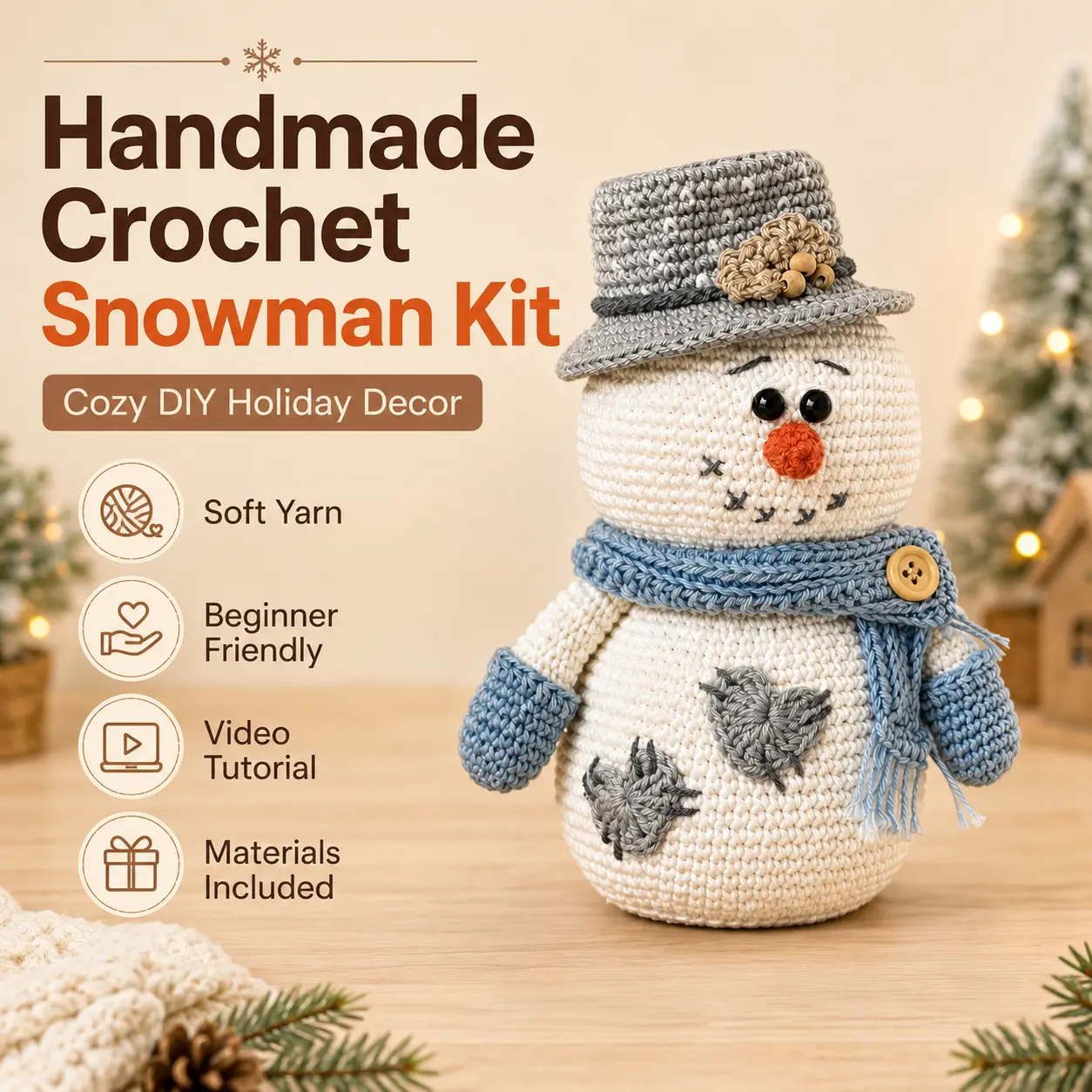 Handmade Crochet Snowman Kit DIY Christmas Craft Set, Cute Knitted Snowman Making Kit with Yarn, Crochet Hook & Accessories, Beginner Friendly Amigurumi Doll Kit, Winter Holiday Home Decor, Handmade Christmas Decoration Gift for Adults, Craft Lovers & Beg