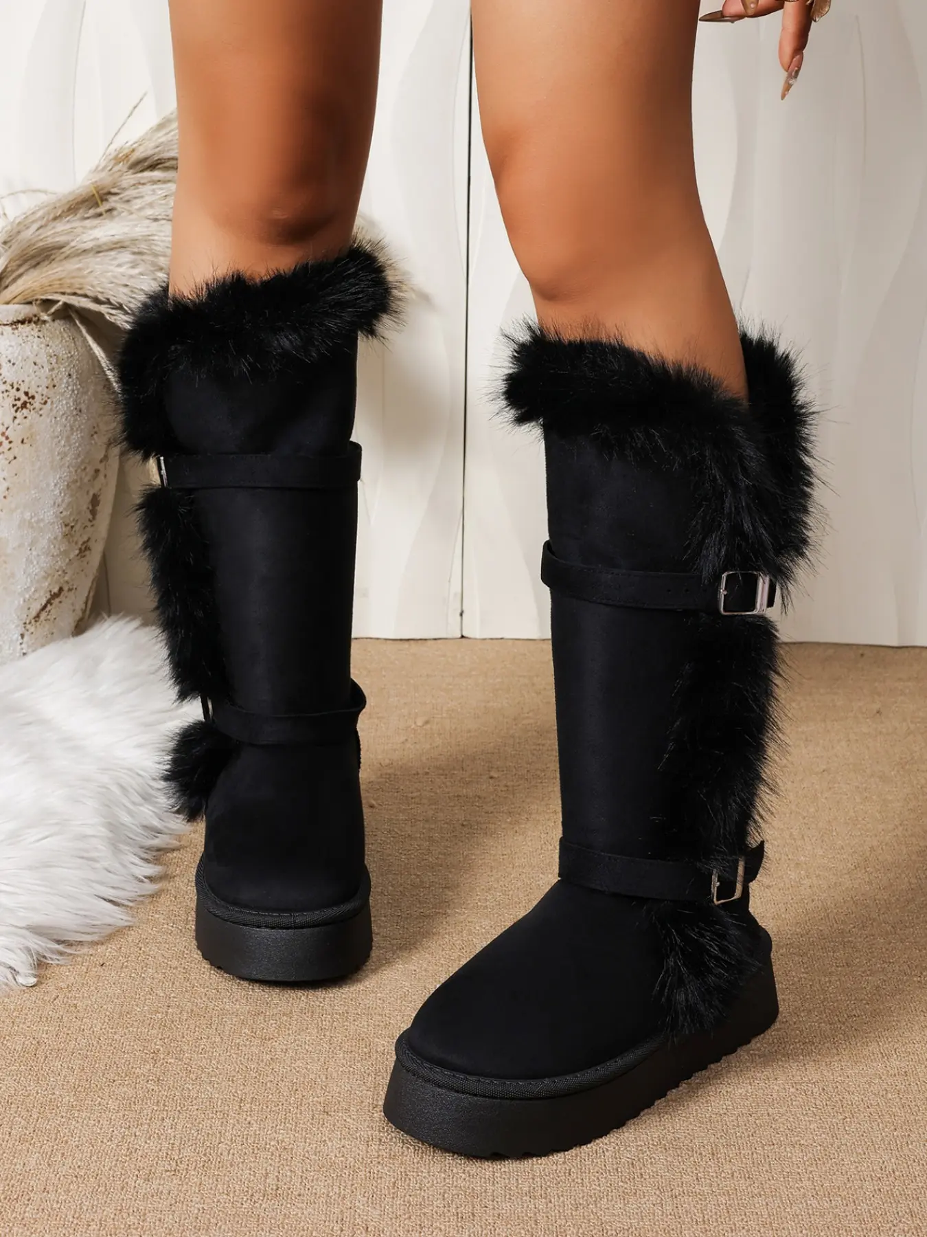 Women's Warm Snow Boots, Loose Fuzzy Neck Mid-Calf, Anti-Slip Thick Sole, Dual Strap Fake Leather Fur Cotton Boot, Fall Winter Shopping Skiing