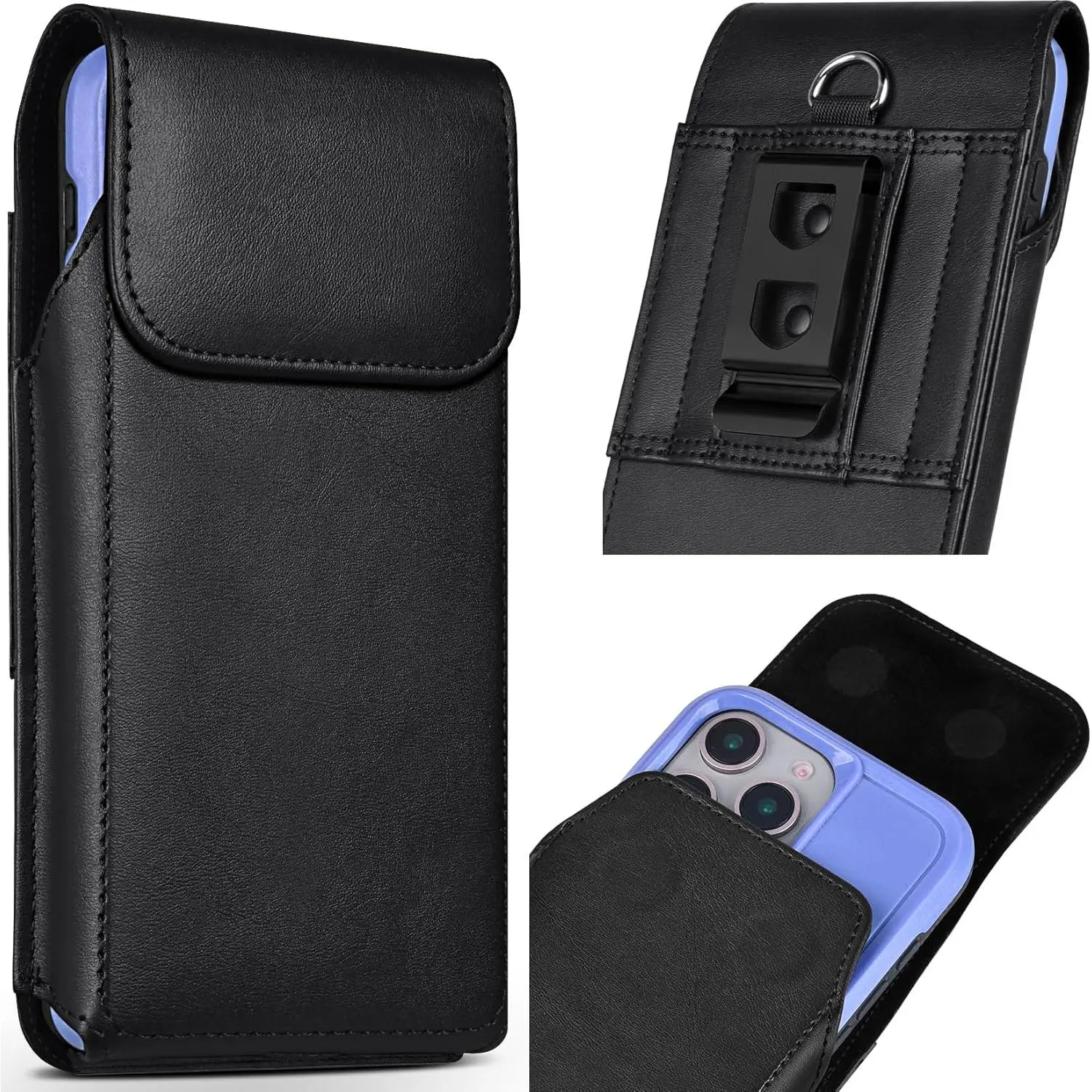 Leather Phone Holster with Belt Clip for  12-16 & Pro Black | Secure  Closure, Bottom  Opening, Durability, for Outdoor Business Professionals Construction Workers