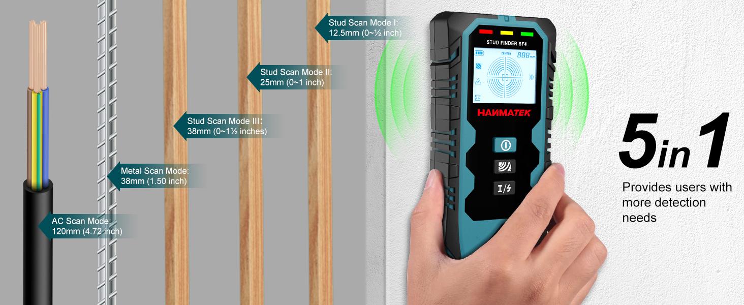 Stud Wall Scanner,5 in 1 Multifunction Stud Locator with Sensor Audio Alarm HD LCD Display, Stud Tool for The Center Edge of, Studs, Plaster,AC Wire,Pipe