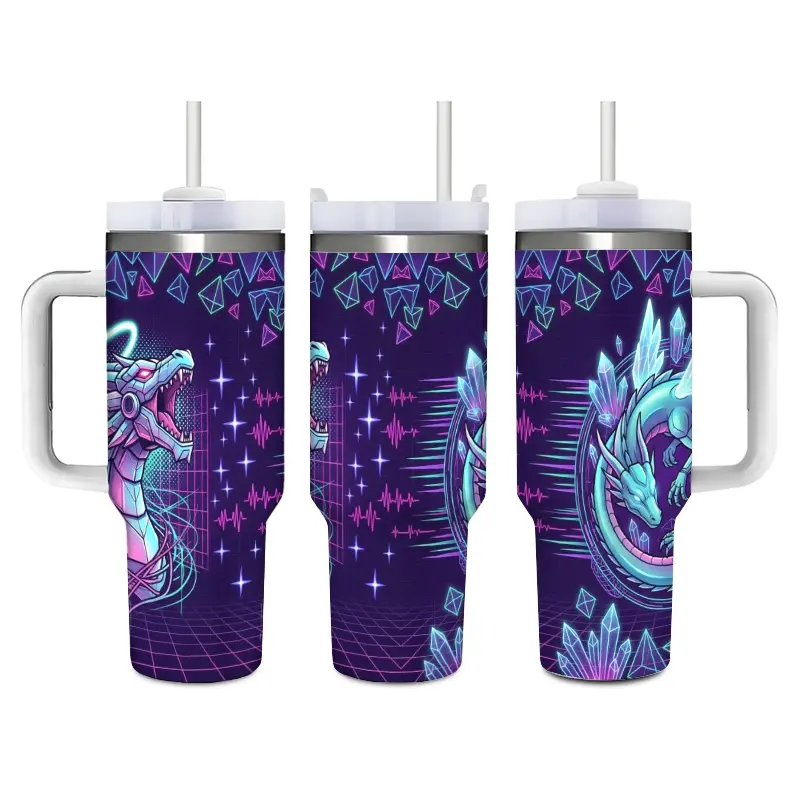 Cyberpunk Neon Mechanical Dragon Stainless Steel Insulated Tumbler with Straw and Sliding Lid, Futuristic Gaming Travel Coffee Cup for Hot & Cold Drinks, Perfect for Gaming Setup, Night Drive, Desk, and Sci-Fi Gift for Gamers.