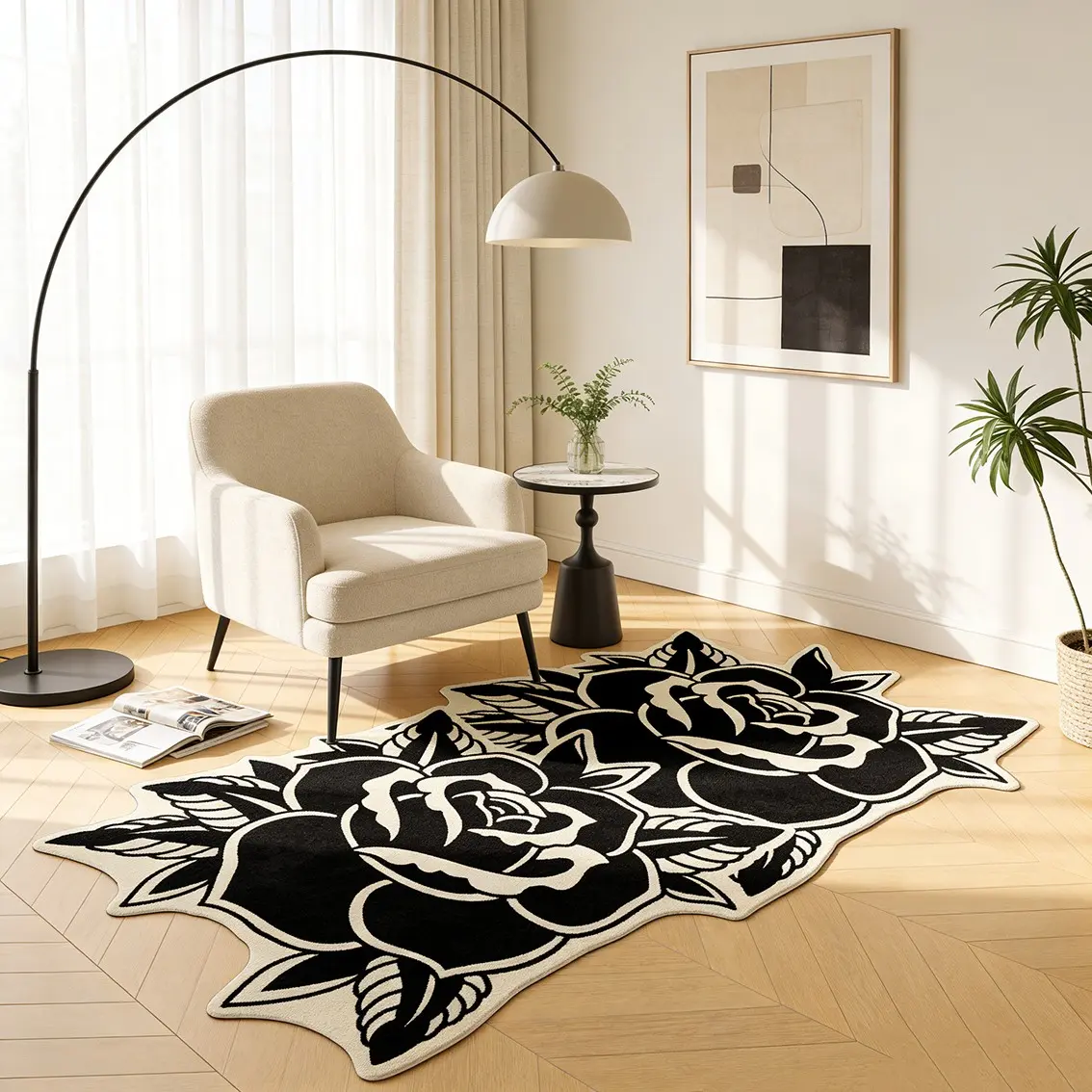 American tattoo style black and white rose art irregular carpet soft and skin friendly plush material bedroom bedside decoration floor mat retro high-end atmosphere soft decoration Flower Pattern Rugs