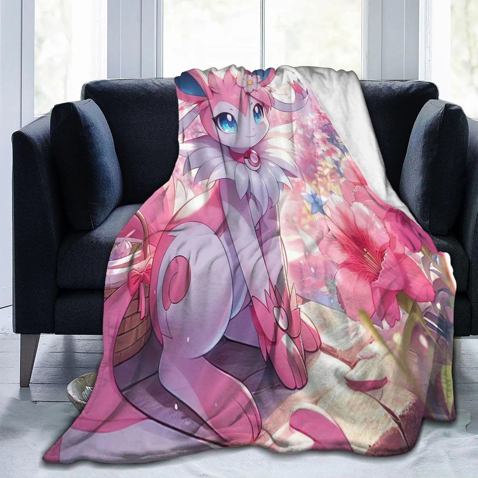 Kawaii Eevee Flannel Blanket, Soft Plush Cozy Throw for Living Room, Bed, Reading Nook, Travel, Camping, Holiday Gift for Fans