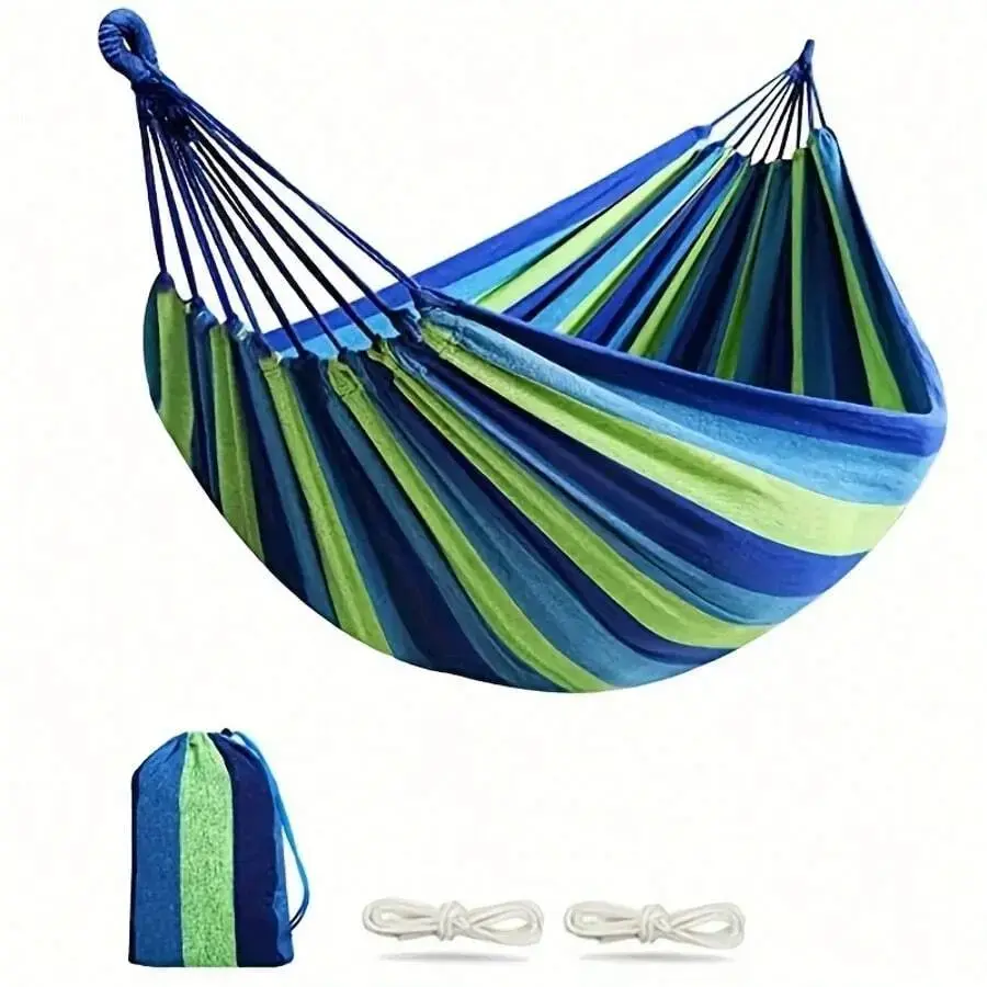 1pc Blue Colorful Fabric Hammock With Anti-Roll Design - Supports 330lbs, Tree-Friendly Straps, Portable Carrying Bag - Perfect For Outdoor, Indoor, And Camping Use
