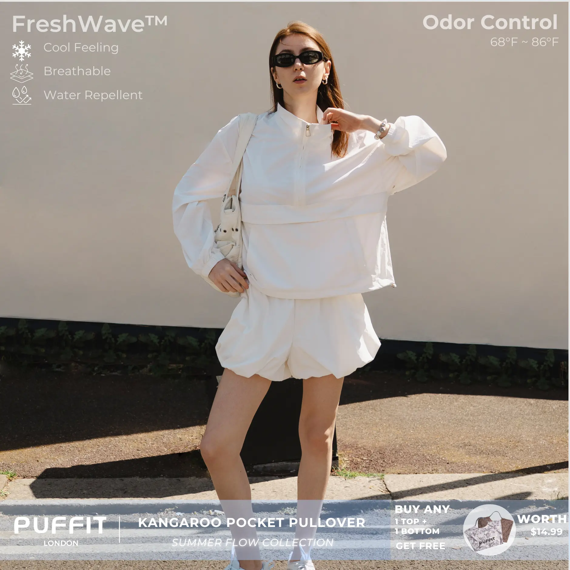 PUFFIT Summer Flow Lightweight Funnel Neck Pullover With Kangaroo Pocket,Odor Control,Breathable,Quick Dry,Water Repellent,UV Protection,Outdoor Walking,Travel,Athleisure,Womenswear