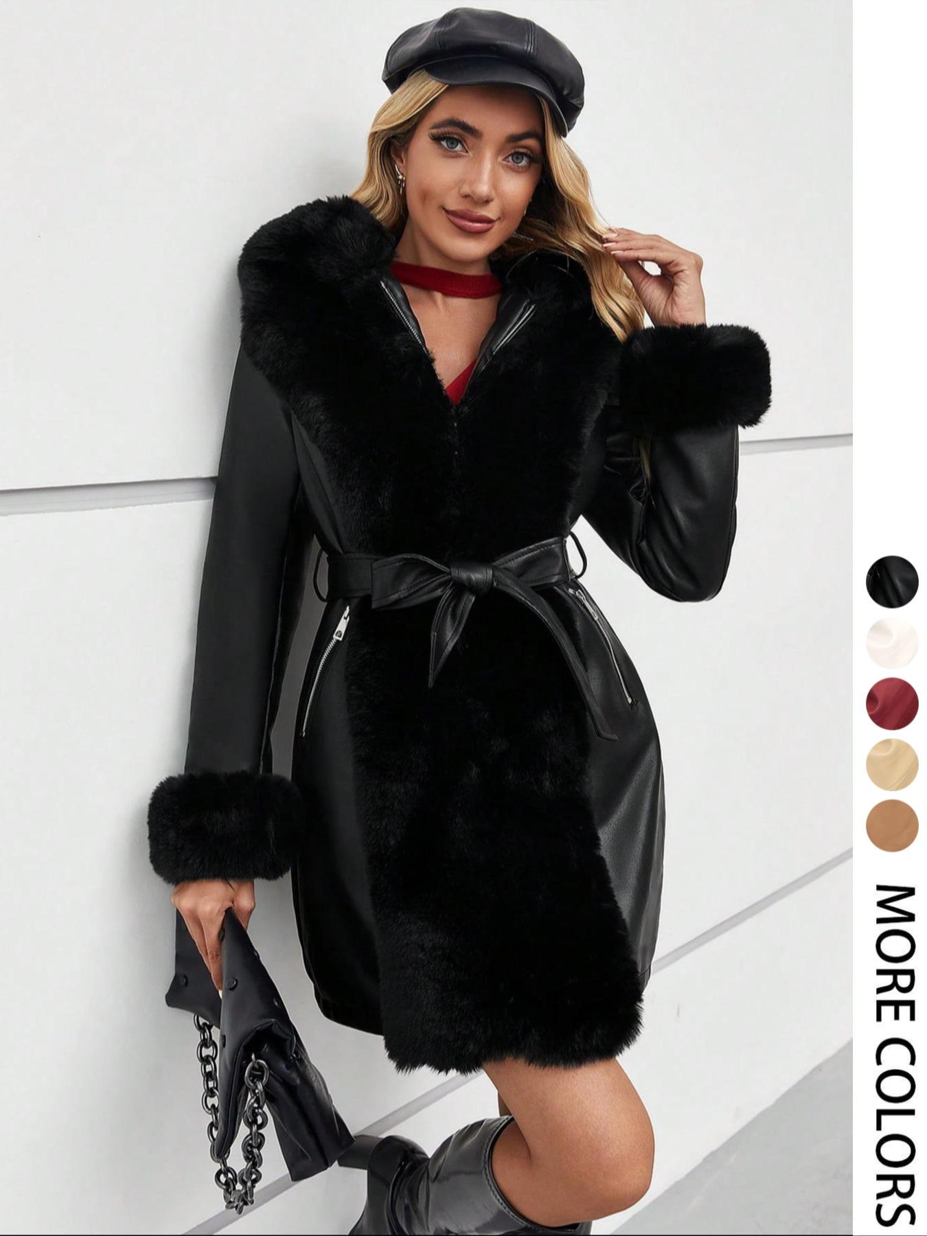 Women's Winter Faux Fur Coat with Belt, PU Patchwork Hooded Jacket, Elegant Casual Warm Waistcoat for Fall & Winter
