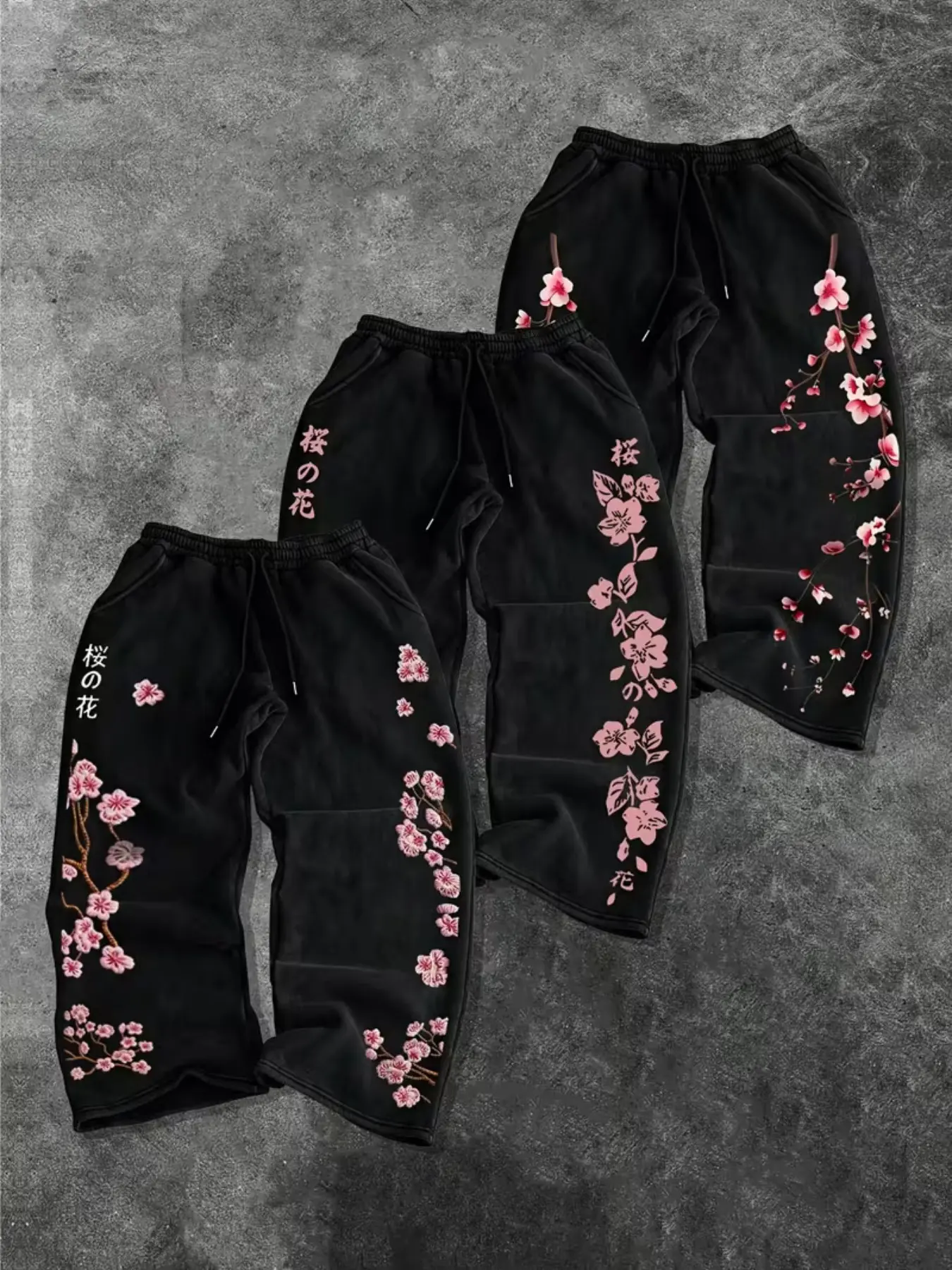 3-Pack Japanese Cherry Blossom Print Wide Leg Pants, Loose Straight Men's Streetwear Joggers, All-Season Casual Sport Long Trousers