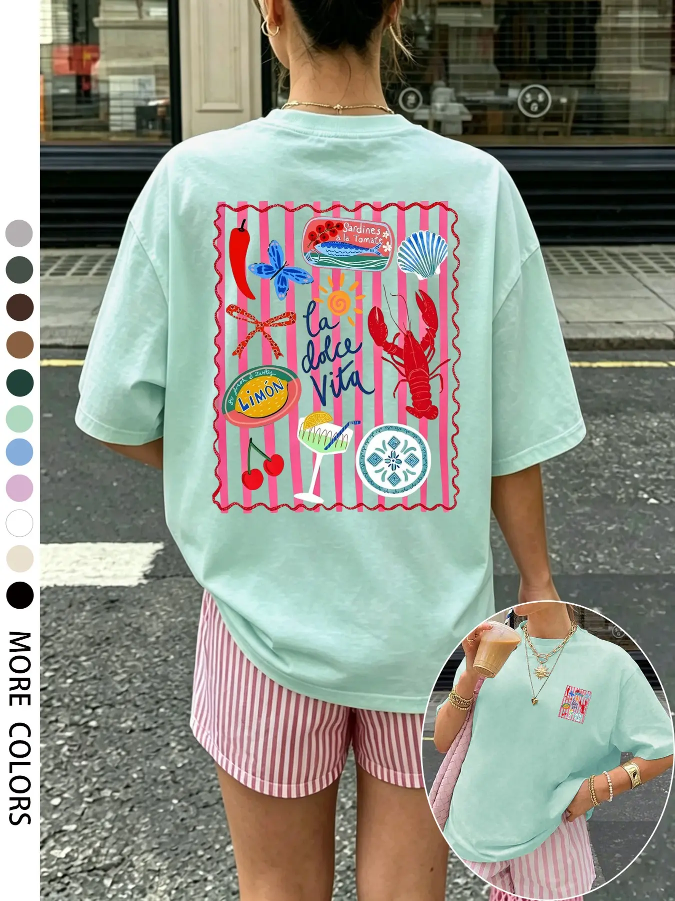 Women's Shell Lobster Graphic Round Neck Short Sleeve T-Shirt, Casual Crewneck Tops, Casual Loose-Fit, Soft Breathable Fabric, Summer Top#LaDolceVitaTee #MediterraneanStyle #ItalianCoastal #VacationGraphicTee #SummerBeachTop