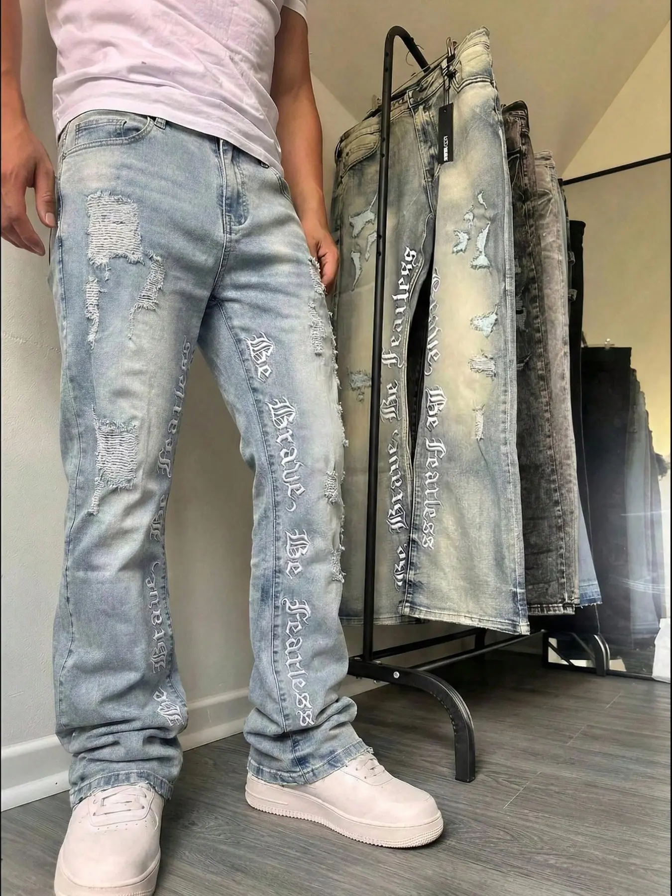 Men's Embroidered Jeans, Micro Flare Denim Jeans, Letter Stitching, Tight Fit, Ripped Bell Bottoms, Washed Y2K Style, All Seasons