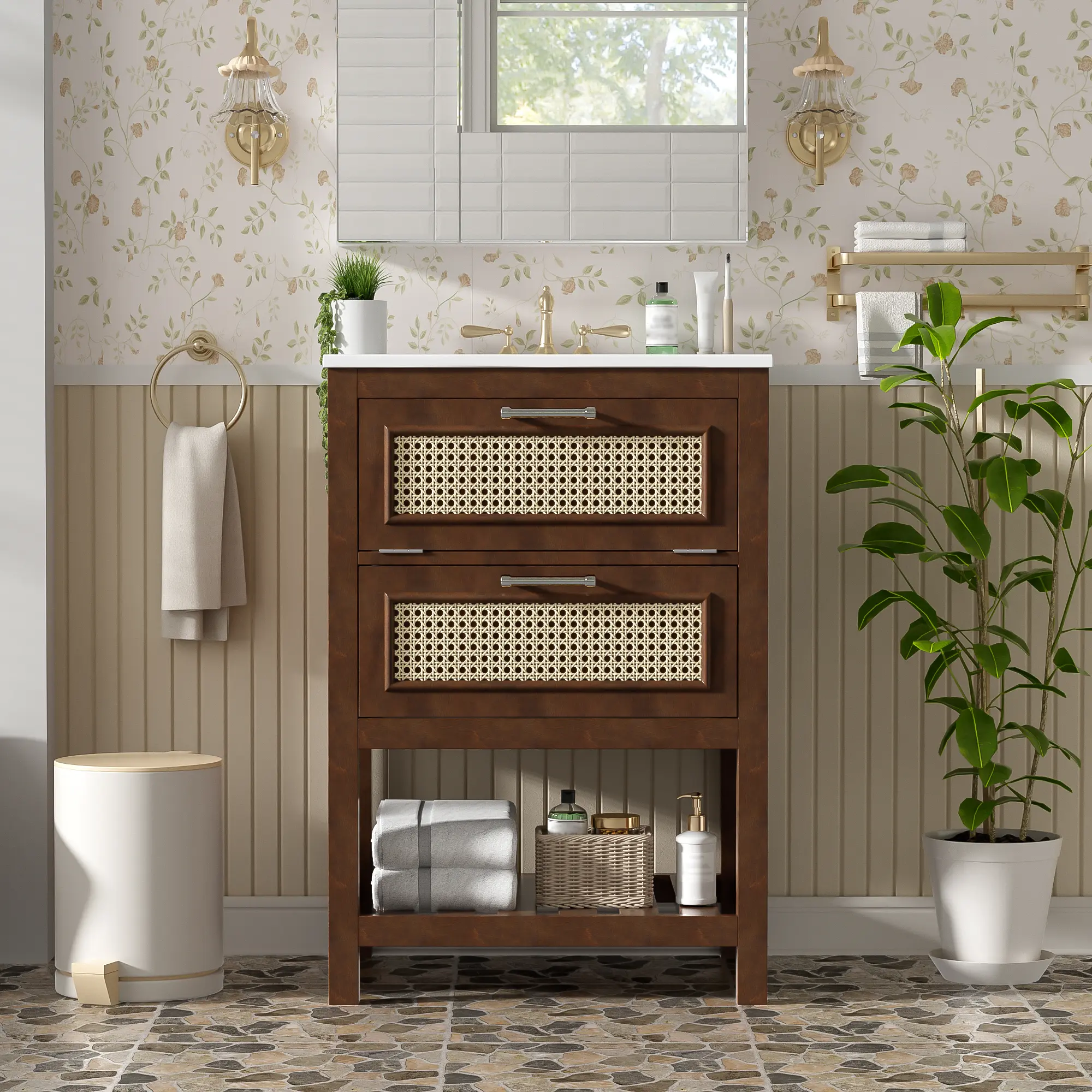 ARCH 24 Inch Bathroom Vanity with Integrated Ceramic Sink, Single Sink Floor Cabinet with 1 Deep Drawer and 1 Tip-Out Drawer, Modern Bathroom Storage Cabinet for Small and Medium Restroom, White Finish, Bathroom Furniture for Vanity Area, Storage