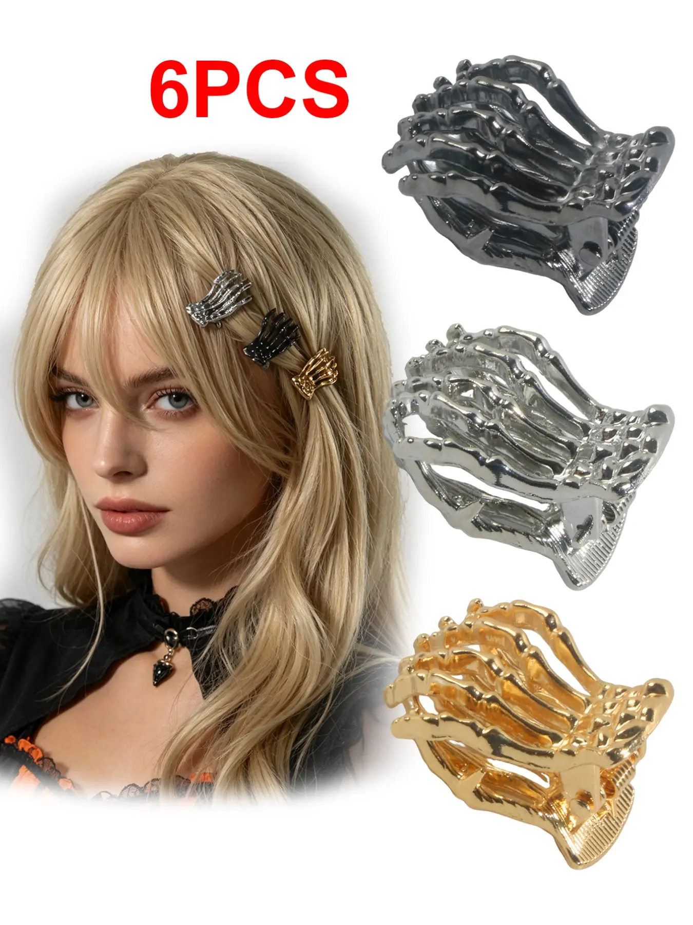 6pcs Halloween Gothic Metal Skull Claw Hair Clips, Mini Forehead Side Clip, Half Updo Top Clip, Party Travel Photo Accessory, Holiday Gift