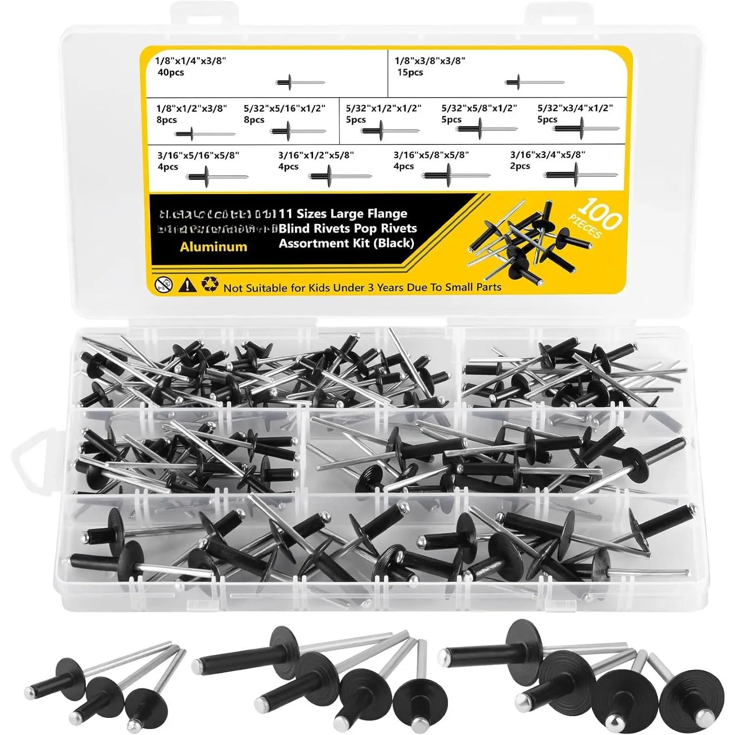 100 count Large Flange Rivets, 11 Sizes  for Automobile, Ship | 1/8", 5/32" and 3/16" diameters, High Strength-to-Weight, Clear labeled storage box, Ideal for construction, industry and DIY