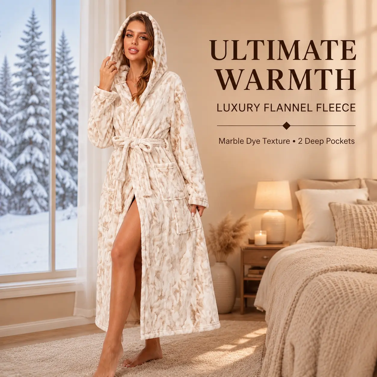 White Fluffy Hooded Faux Fur Bathrobe for Women Cozy Warm Elegant Loungewear Robe with Pockets Winter Robe