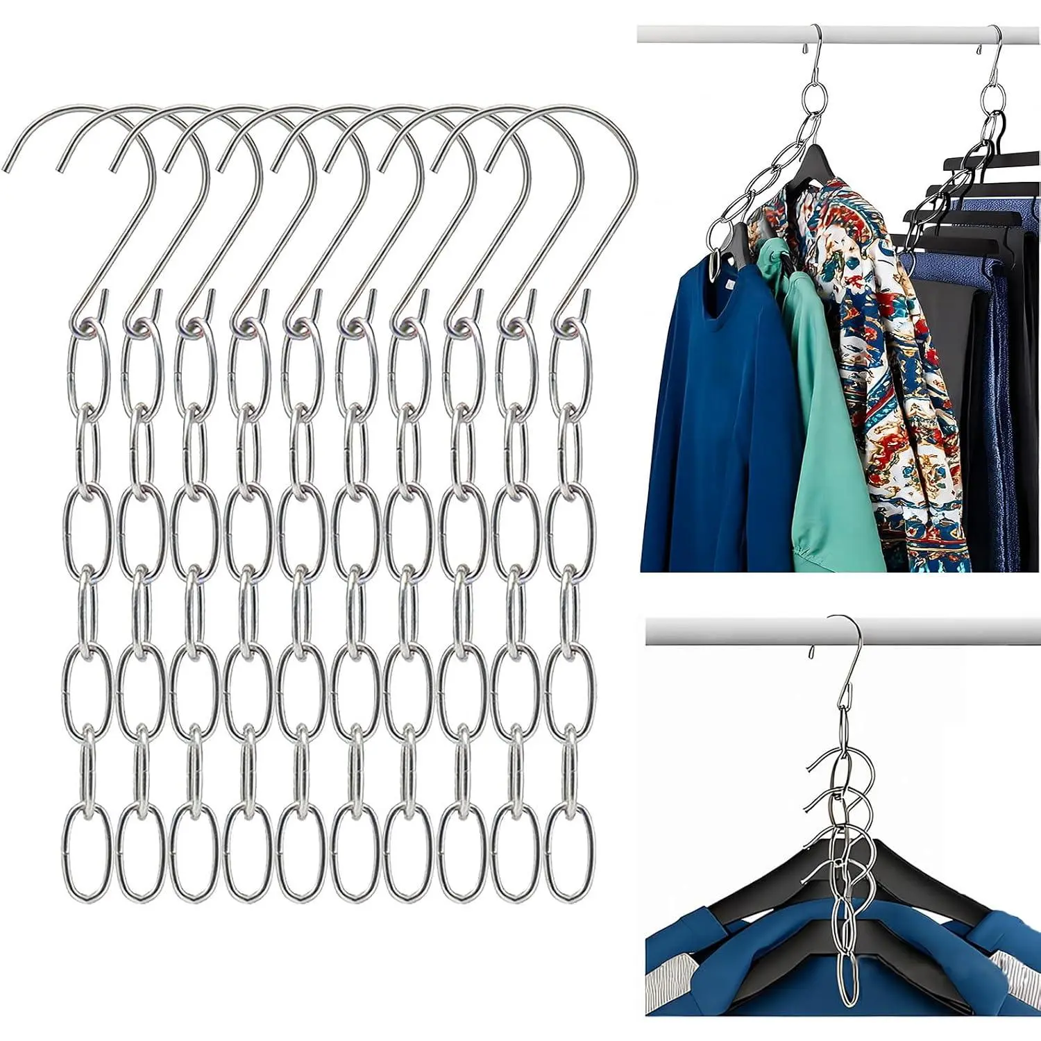 10-Pack Clothing Chain Hangers, Metal Space Saving Hangers for Closet with 7 Holes, Heavy Duty Wardrobe Organizer for Heavy Coats, Dorm Room & Travel Essentials, Sleek  Finish