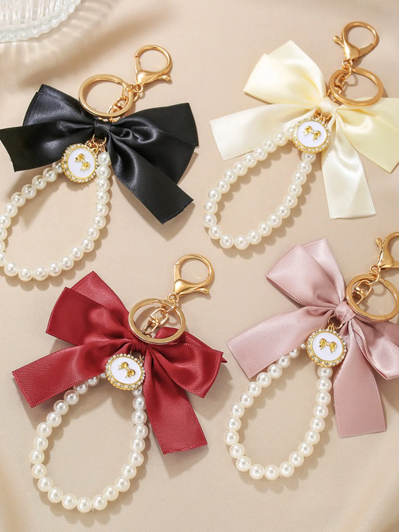 Elegant Women's Satin Large Bow Pearl Bead Keychain Series, Luxury Ribbon Bow Pearl Chain Bag Charm, Fashion Bag Car Key Holder, Perfect Gift