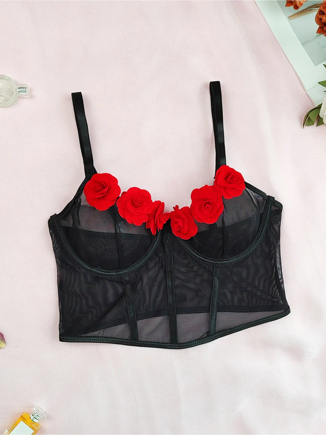 Black Women's Sexy Lingerie Bra with Floral Decoration and Mesh, 1-Piece Set [With Underwire] sneaky lingerielace brabrasbaddie corset girls night outfits chic tops going out night out top summer tops halter top lace bra rave outfit clean girl style curvy