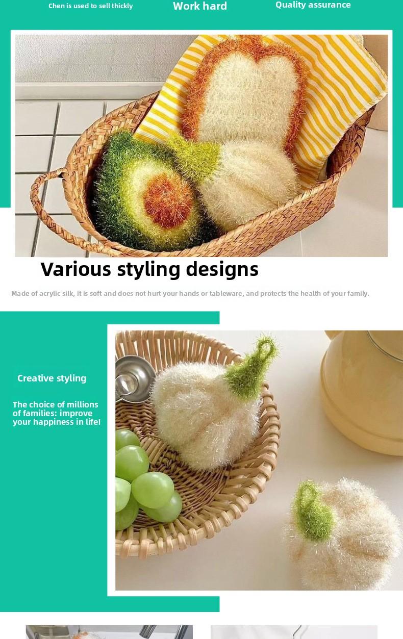 [3-Pack] Kitchen Cleaning Dishcloths Imitation Garlic Bread Dishcloths Avocado Scouring Pads Hand-Woven Cloths Sponges for Efficient Cleaning