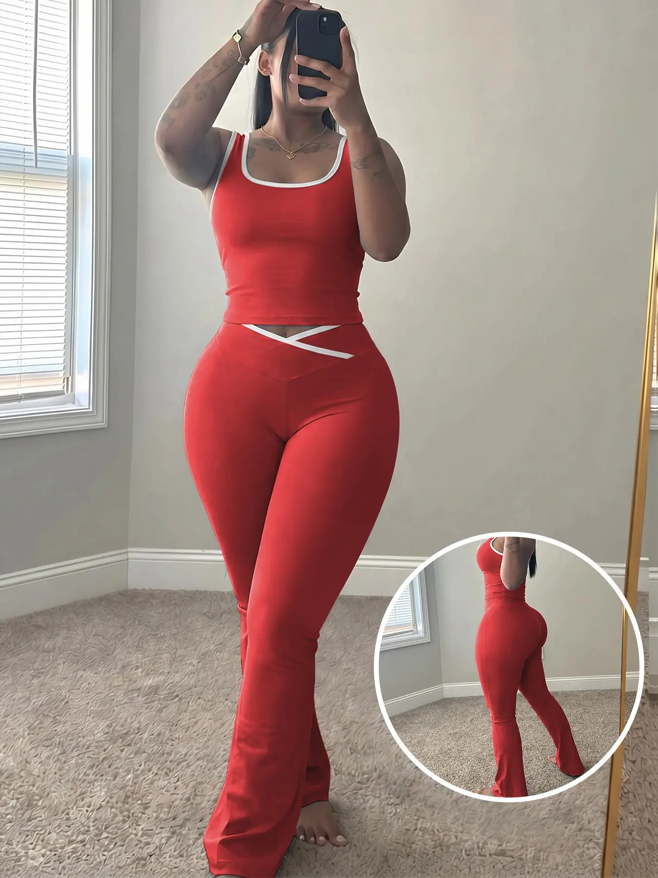 Women's 2-Piece Yoga Clothes Set, High-Waisted Crossover V-Cut Flare Leggings & Tank Tops, Tummy Control Stretchy Spandex Gymwear, Athleisure Summer Clothes