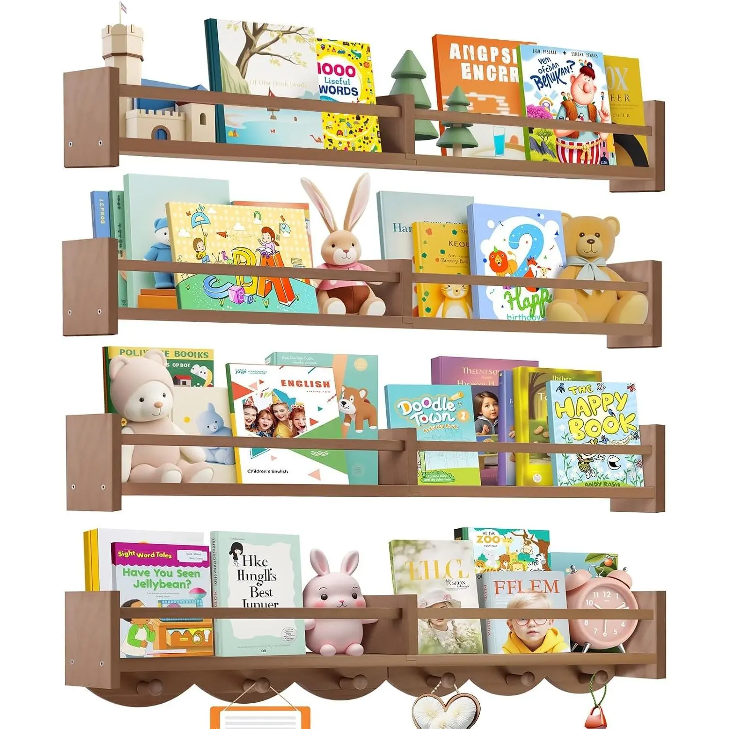 34Inch Nursery Book Shelves Wall Mounted, Floating Book Shelf for Kids Coat Rack with 6 Hooks, Wall Hanging Shelf for Baby Nursery Room Organizer,Patent Number:US-D1058229-S(4, Light Brown)