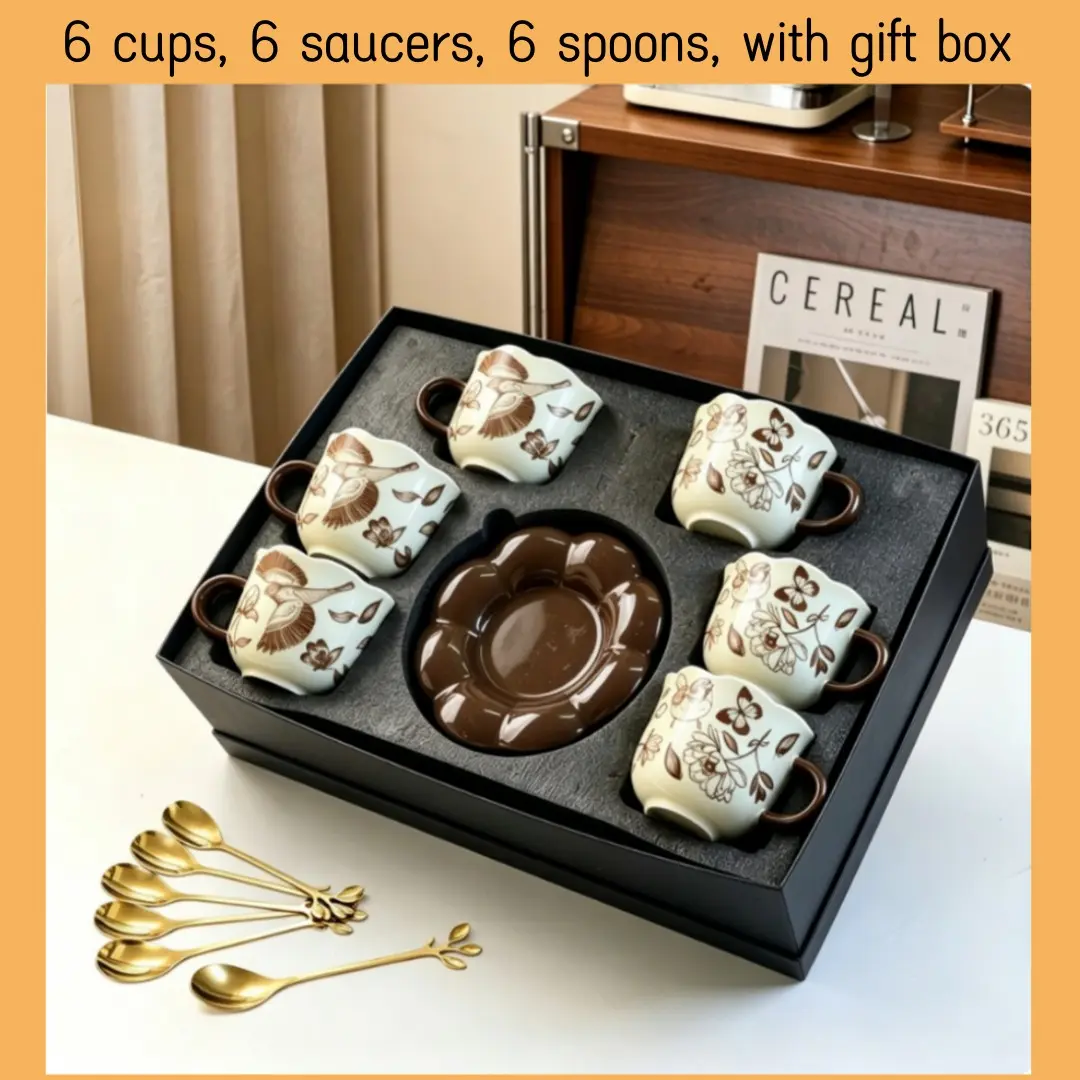 18pcs Hand-Painted Bird Ceramic Cup Set, Microwave & Dishwasher Safe, Large Capacity, Elegant Design, Perfect for Home, Office, Gifts, Cups With Saucers