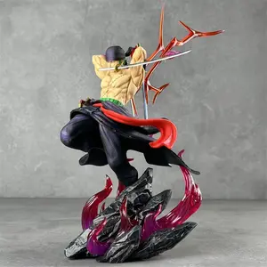 11.02in Roronoa Zoro Anime Figure, One Piece Three Swords Style, Flame Effect Base, 2 Replaceable Heads, Collectible PVC Figure, Desktop Decor Gift