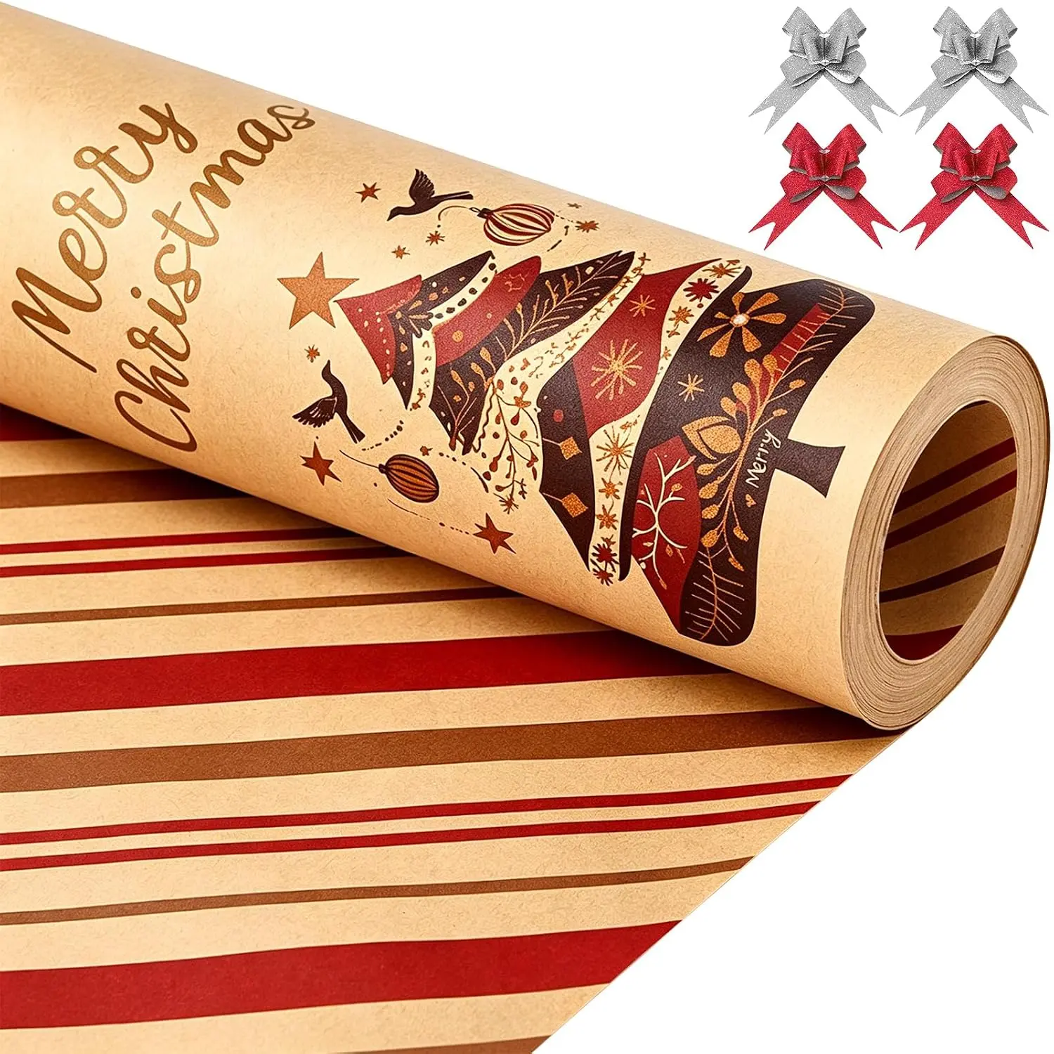 Christmas Wrapping Paper Rolls Set - Brown Heavy-Duty Retro Wrap with Original Designs, Gingerbread, Candy Cane, Red Double-Sided, Bulk Roll, 28.5 sq ft Office Stationery Gift Wrapping Supplies