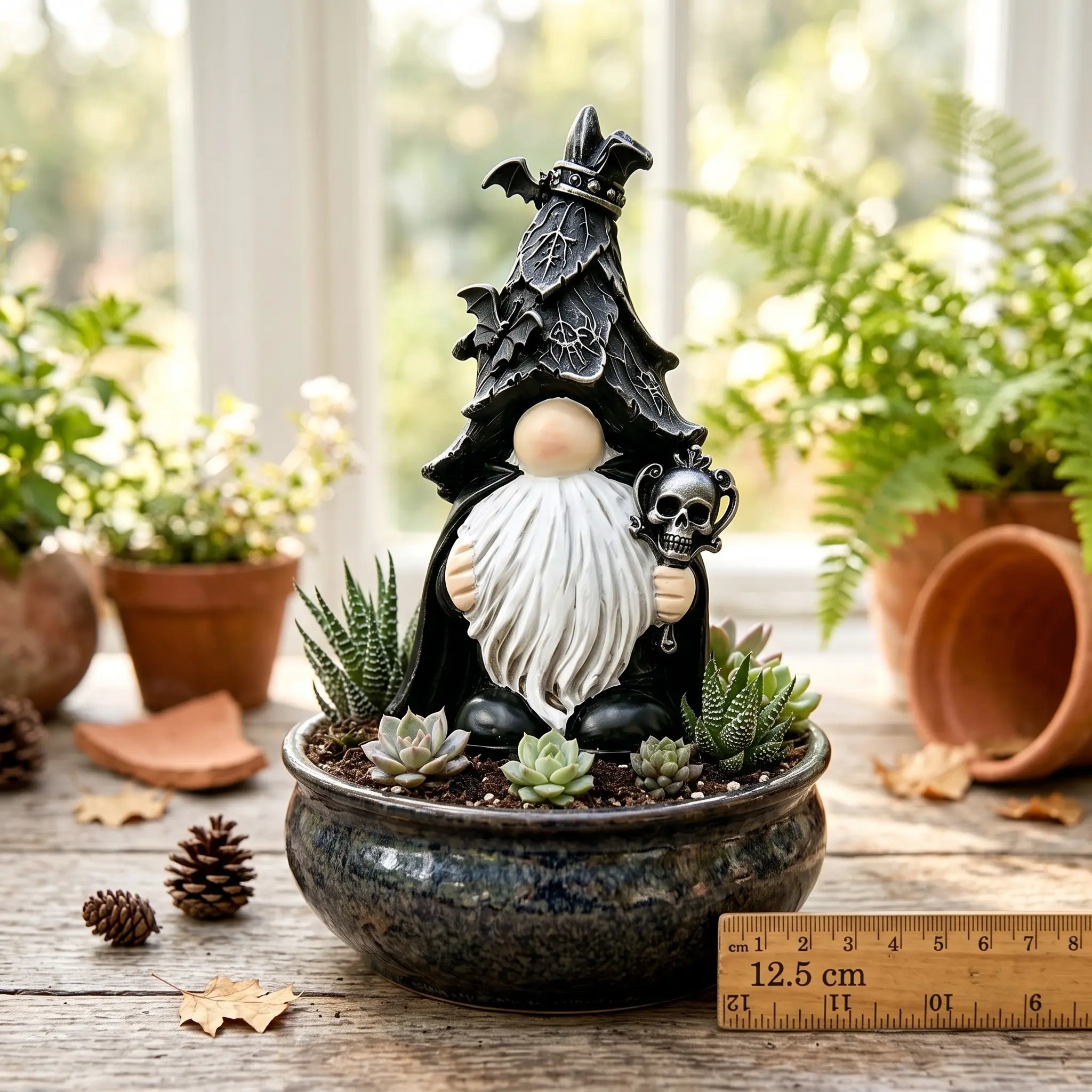 Weather-Resistant Resin Gothic Gnome, Skeleton Scepter & Bat Details, Halloween Home Decor, Durable Outdoor Decoration