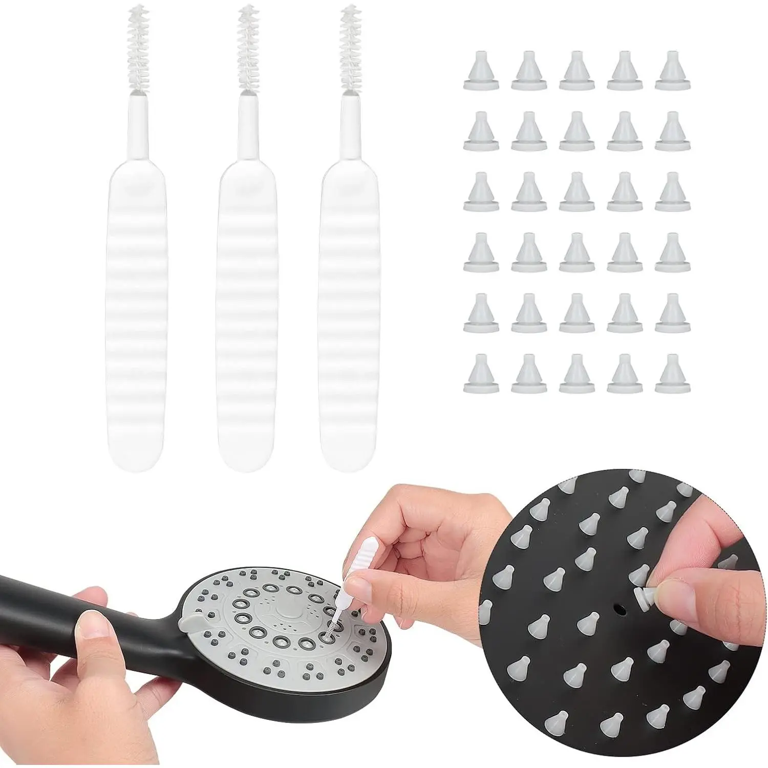 NearMoon Shower Head Replacement Parts, 3PCS Shower Nozzle Cleaning Brushes + 30PCS Anti-Clogging Silicone Nozzles, Shower Head Cleaning & Replacement Kit to Keep It Working Properly