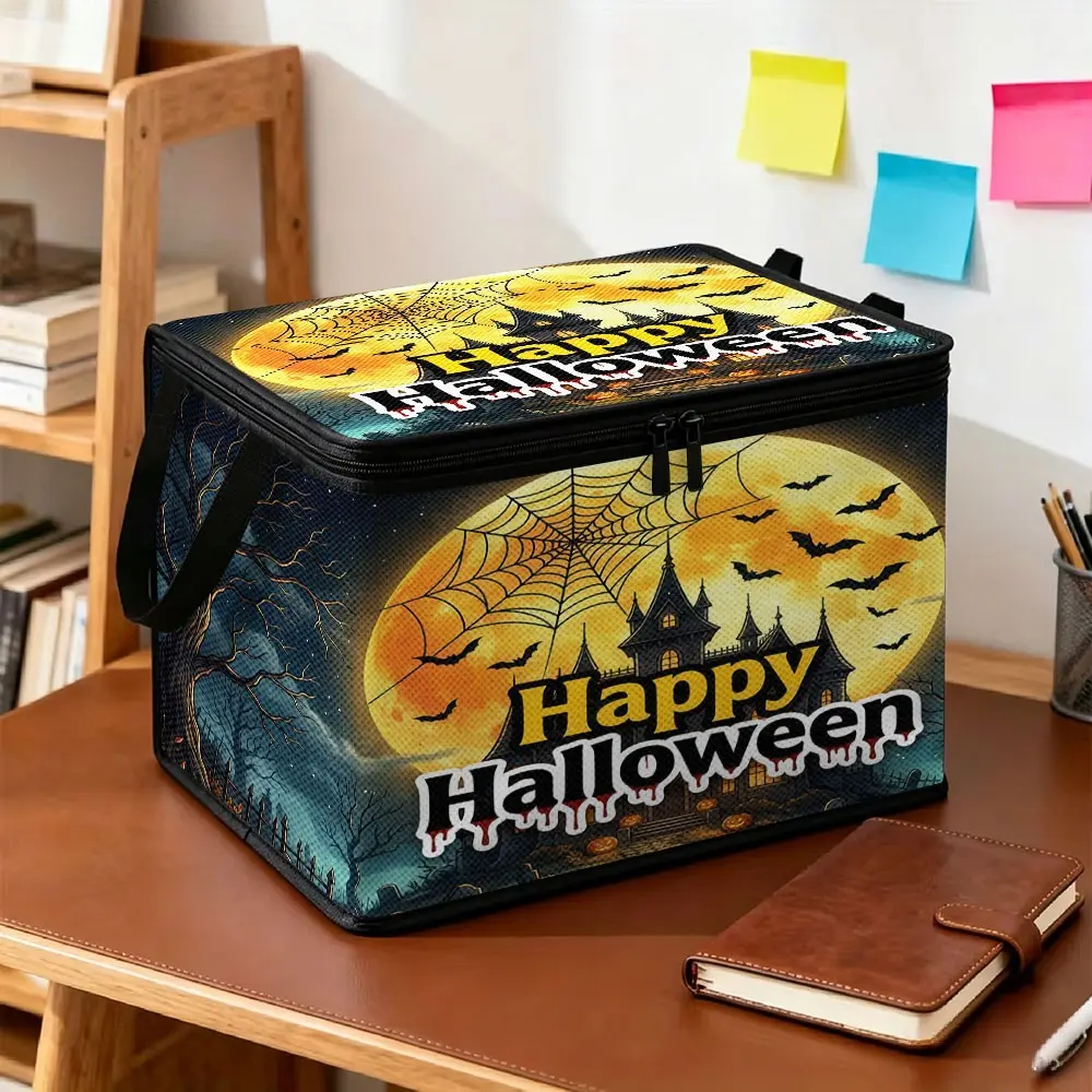 Halloween Dark-Style Storage Bins Made of Non-Woven Fabric Printed with Full Moon, Haunted Castle, Spider Webs and Bats, Zipper-Sealed, Foldable and Handheld Storage Boxes for Bedroom Wardrobe Organization, Halloween Home Decoration Scenery, Dustproof and
