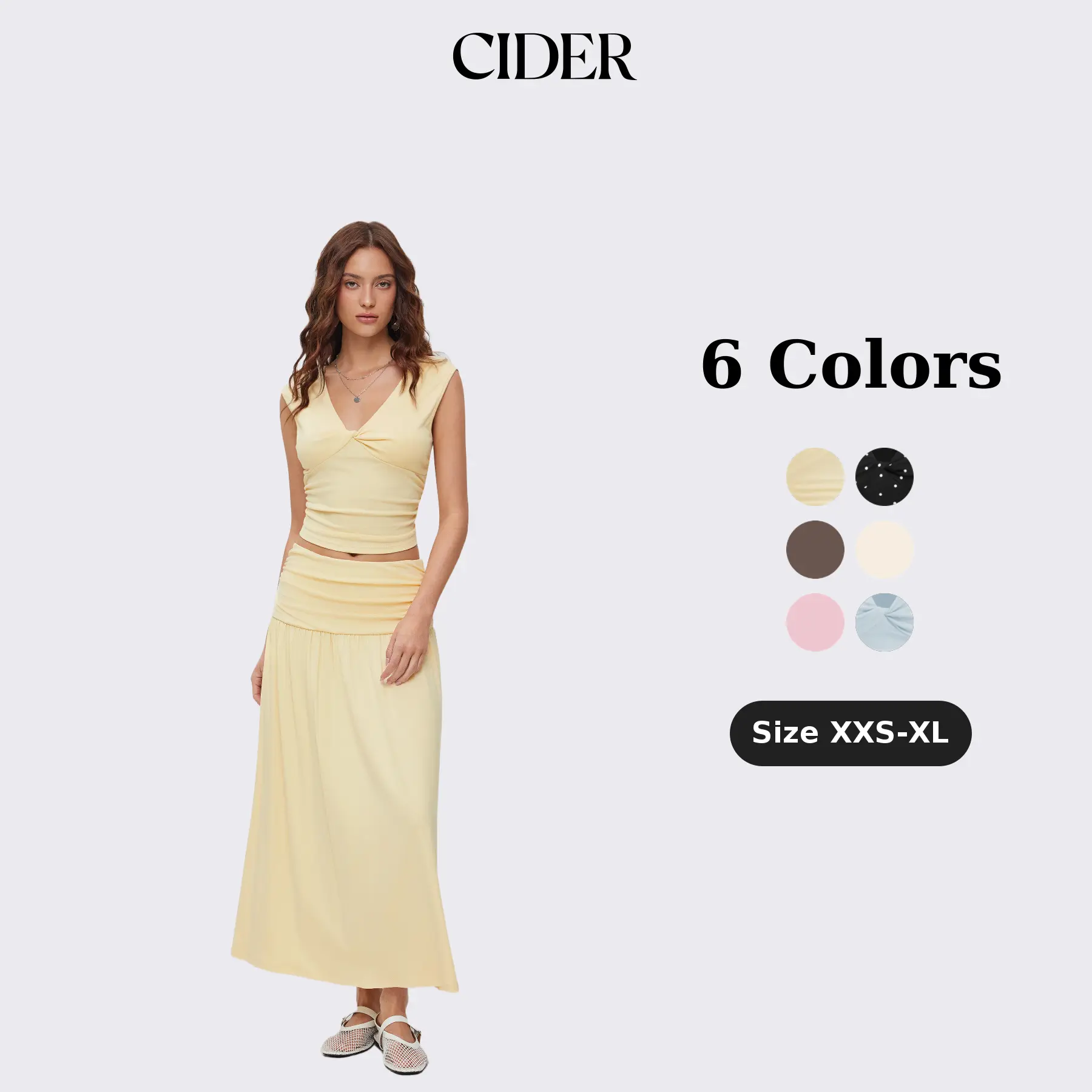 Cider Elegant Vacation V-Neck 2-Piece Set for Beach Holiday, Elegant 2-Piece Outfits, Ladies Ruched Top, Maxi Skirt Set, Vintage Lady Blouse SohoChic