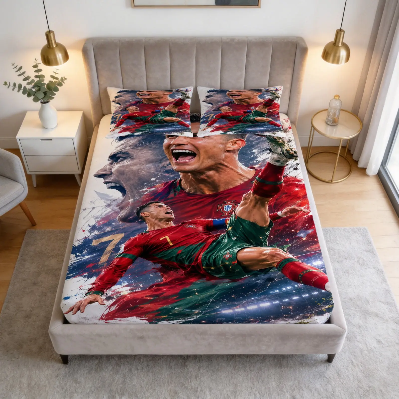 3-Piece Set Of Cristiano Ronaldo Patterned Bed Sheets, Including 1 Bed Sheet And 2 Pillowcases, Comfortable Polyester Bedding Set, Non Slip Dust Cover, Suitable For Bedrooms And Guest Rooms, Men's Fans, Teenagers' Bedroom Bedding
