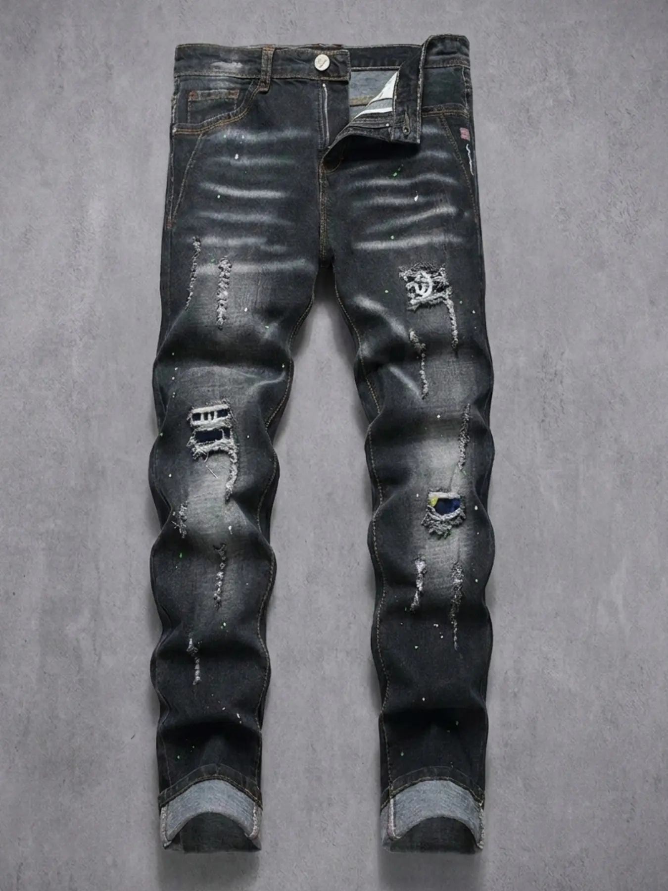 Men's Vintage Washed Slim Fit Jeans, Multi-Pocket Ripped Patchwork, Color Splatter Artistic Design, Distressed Straight Leg Denim Jeans