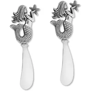Mermaid Cheese Spreader Set, Zinc Alloy Butter Spreaders with Decorative Handles for Cheese, Cream and Dips, Silver, 4.75 Inch, Set of 2