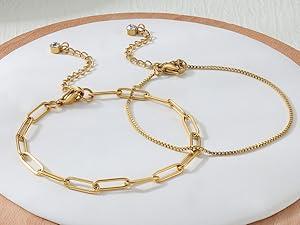 Sanfenly 8Pcs Gold Bracelets For Women, 14K Real Gold Plated Dainty Trendy Stackable Stacking Bracelets Chain Charm Link Paperclip Beaded Bracelet Stainless Steel Stretch Layered Women's Bracelet Sets