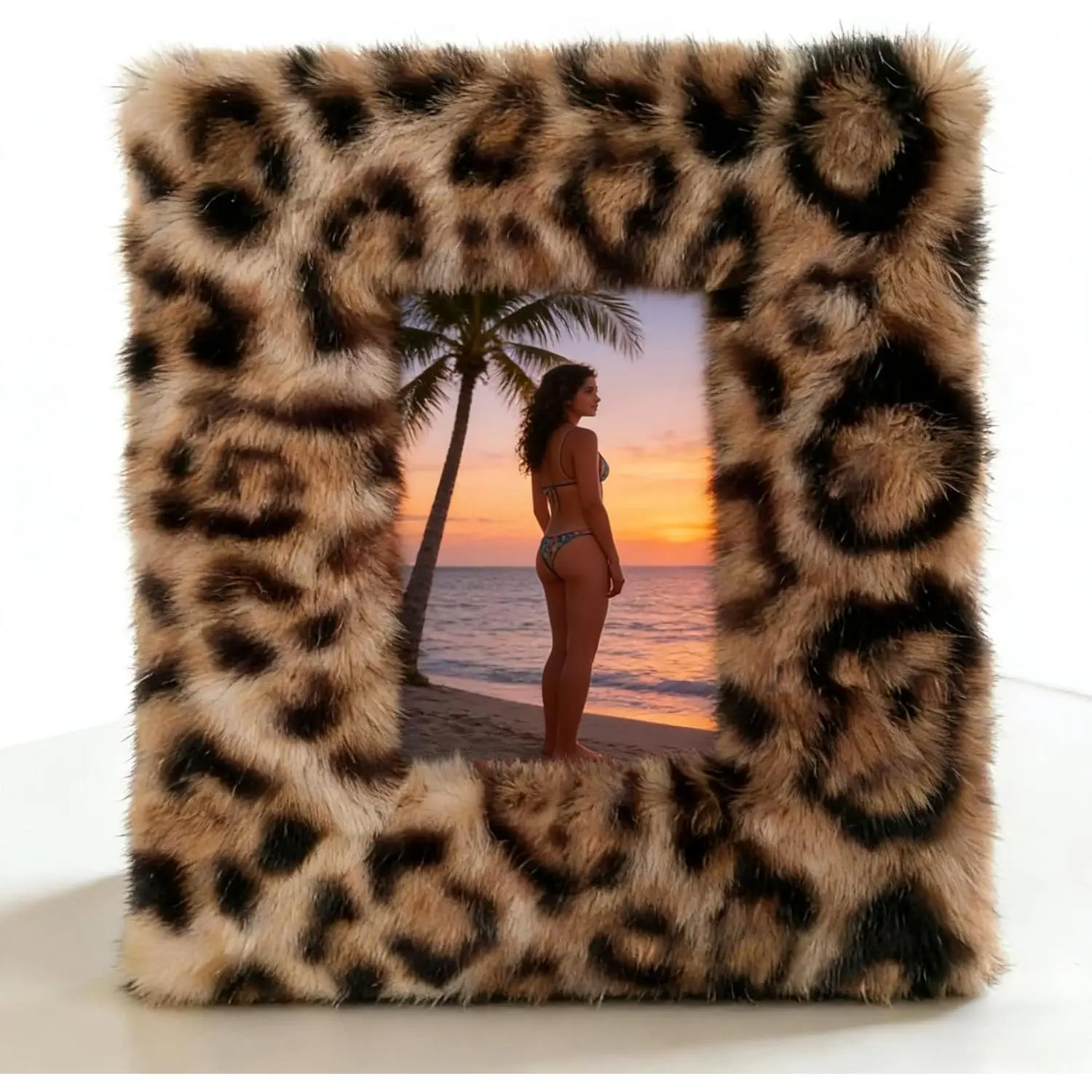 Cheetah Print Picture Frame, 4x6 5x7 6x8 Leopard Plush Photo Frame with Stand, Custom Picture Frame for Home Decor, Bedroom Decor, Room Decor, Unique Display Gift for Her, for Friends, for Couples(Leopard)
