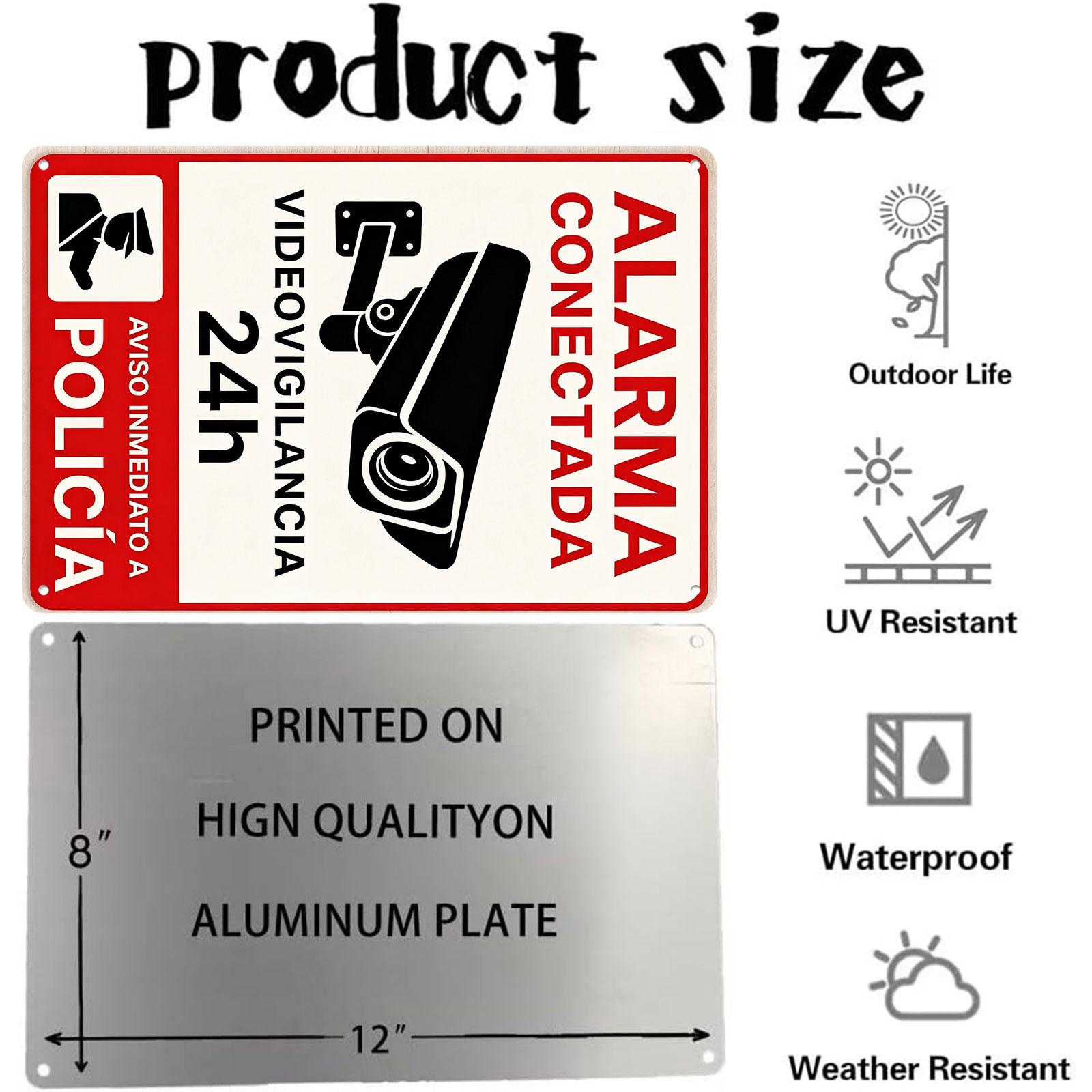 "Alarm Activated 24H Video Surveillance" 8x12 Inch Aluminum Metal Sign - Spanish Security Wall Decor for Home, Yard, and Gate - Retro Tin Poster with Camera & Police Alert Design - Durable, Weatherproof, and Easy to Hang - Ideal for Property Protection