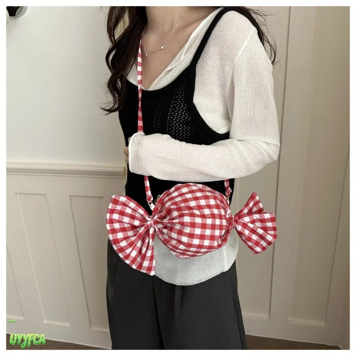Gingham Cute Plaid Candy Shaped Crossbody Bag, Lightweight Fabric Mini Shoulder Purse, Compact Daily Carry Accessory gentle sweet girl style daily commuter crossbody bag For Teen Girls Casual Outings And Weekend Trips